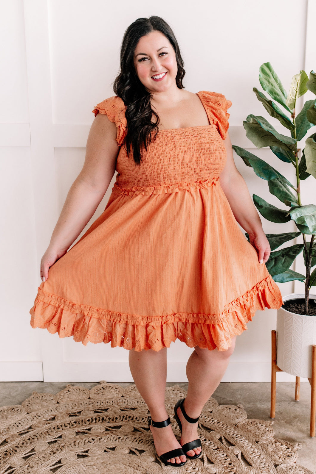 Suzanna Apricot Smocked Dress With Eyelet Detail Flutter Sleeve